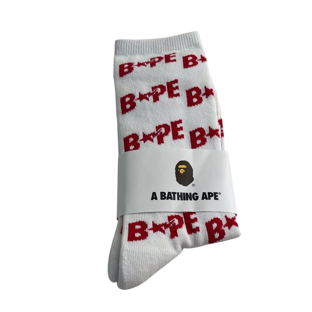 A Bathing Ape Bape Sta Socks L Red White Logo Pattern Cotton Blend